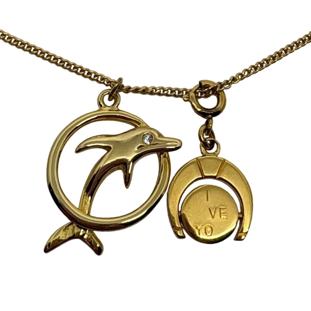 Gold Tone Dolphin Horseshoe Moon Pendant Necklace Lucky Charm I Love You Message